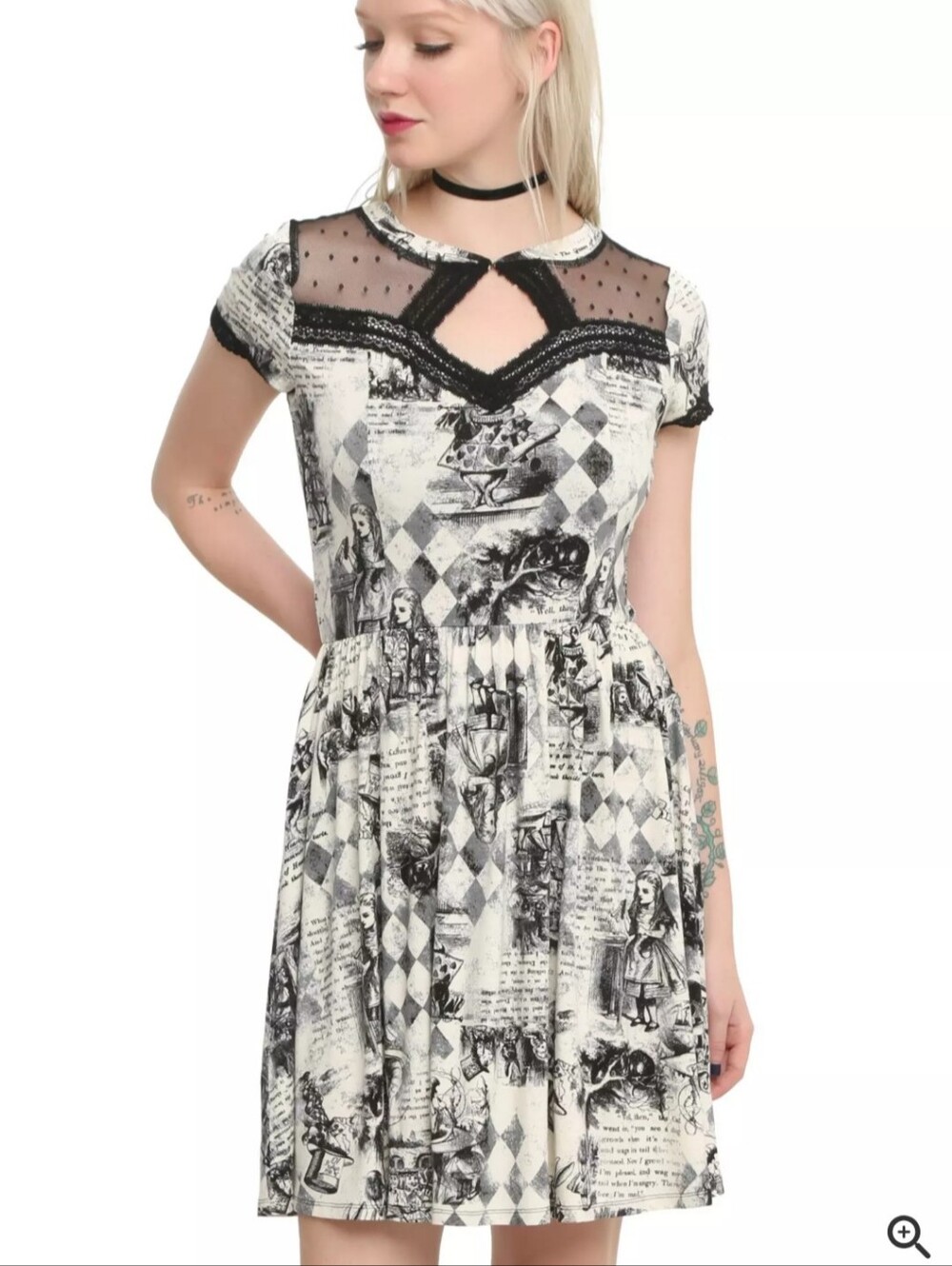 Alice-Inspired Black & White Short Sleeve Dress with Mesh Yoke